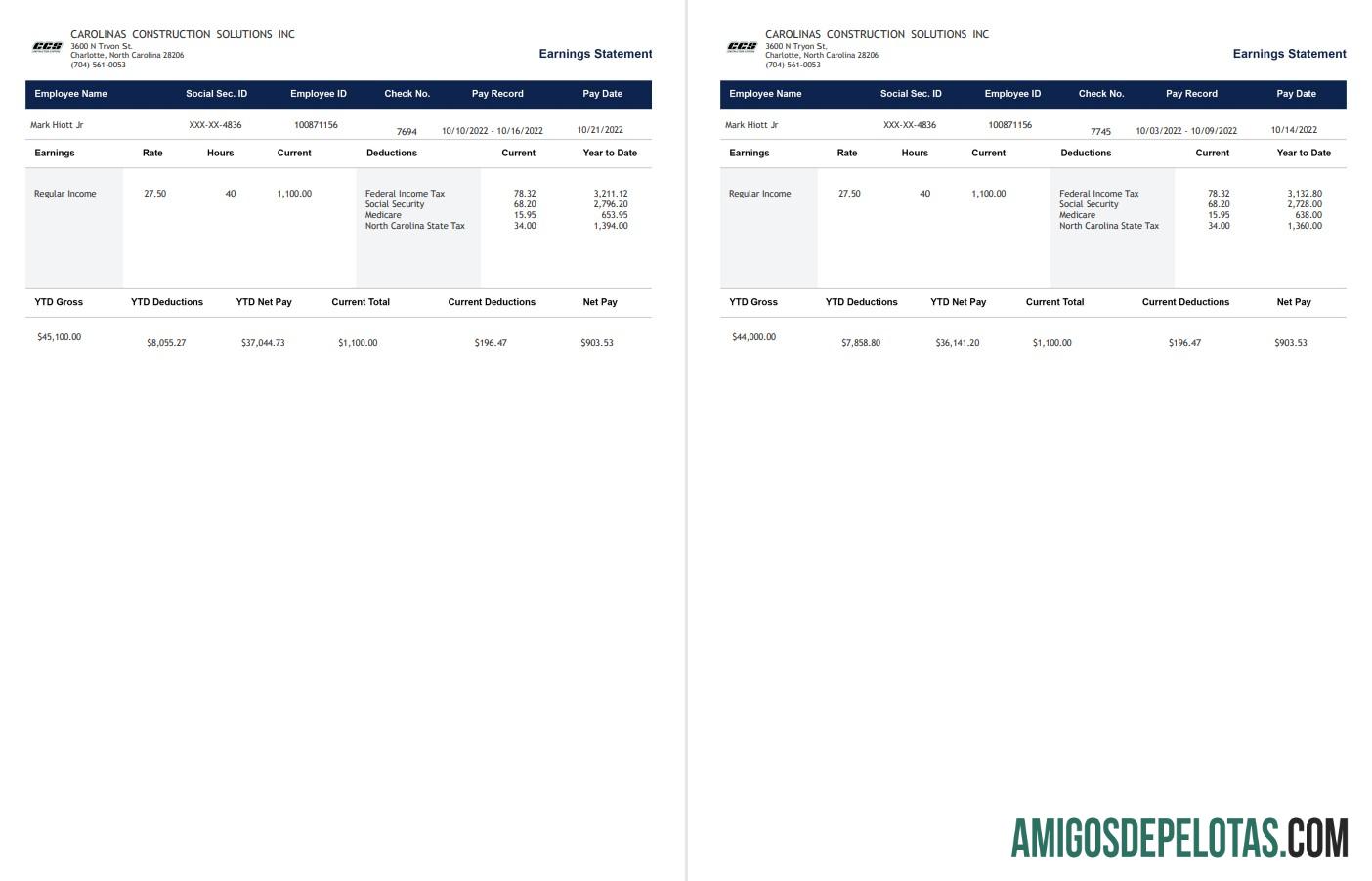 Carolinas Construction Solutions Paystub modelo
